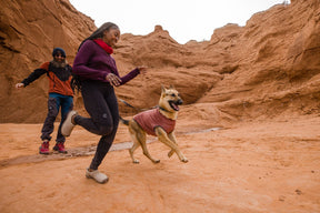 hemp dog sweaters Ruffwear Hemp Hound fired brick red dog running