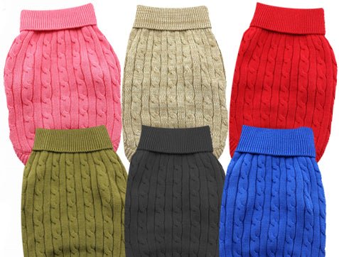 Collage of six cable-knit dog sweaters in pink, beige, olive green, black, red, and blue.