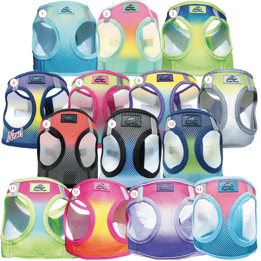 Array of colorful mesh dog harnesses.