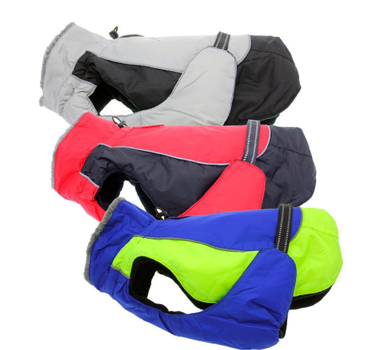 Three stacked dog coats.