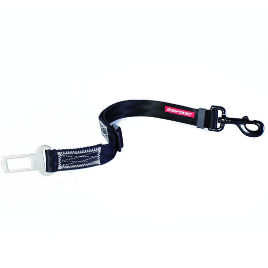 Black nylon dog seatbelt tether with silver buckle and black clasp.
