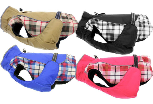 Four dog coats in khaki, black, blue, and pink with plaid accents.
