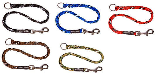 Five dog leashes in black, blue, red, brown, and camouflage colors.